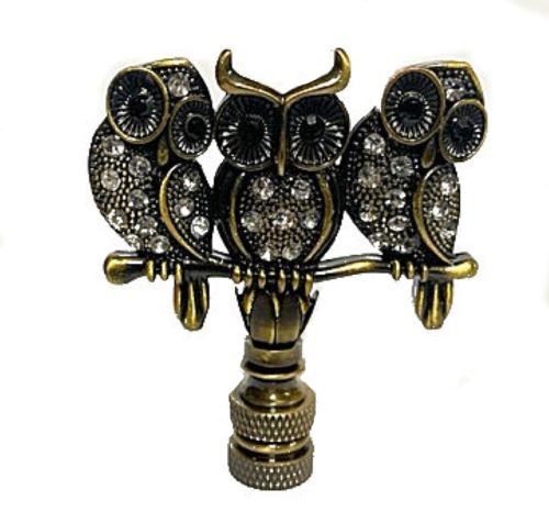 3 OWL LAMP SHADE FINIAL ANTIQUE BRASS W/CRYSTAL BEADS 1/4-27 THREAD 3 OWL LAMP SHADE FINIAL ANTIQUE BRASS W/CRYSTAL BEADS 1/4-27 THREAD